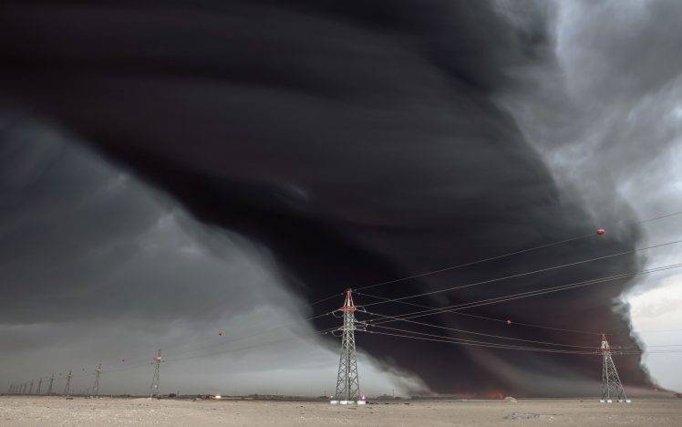 landscape, Smoke, Fire, Power Lines, Gray, Desert HD Wallpaper Desktop Background