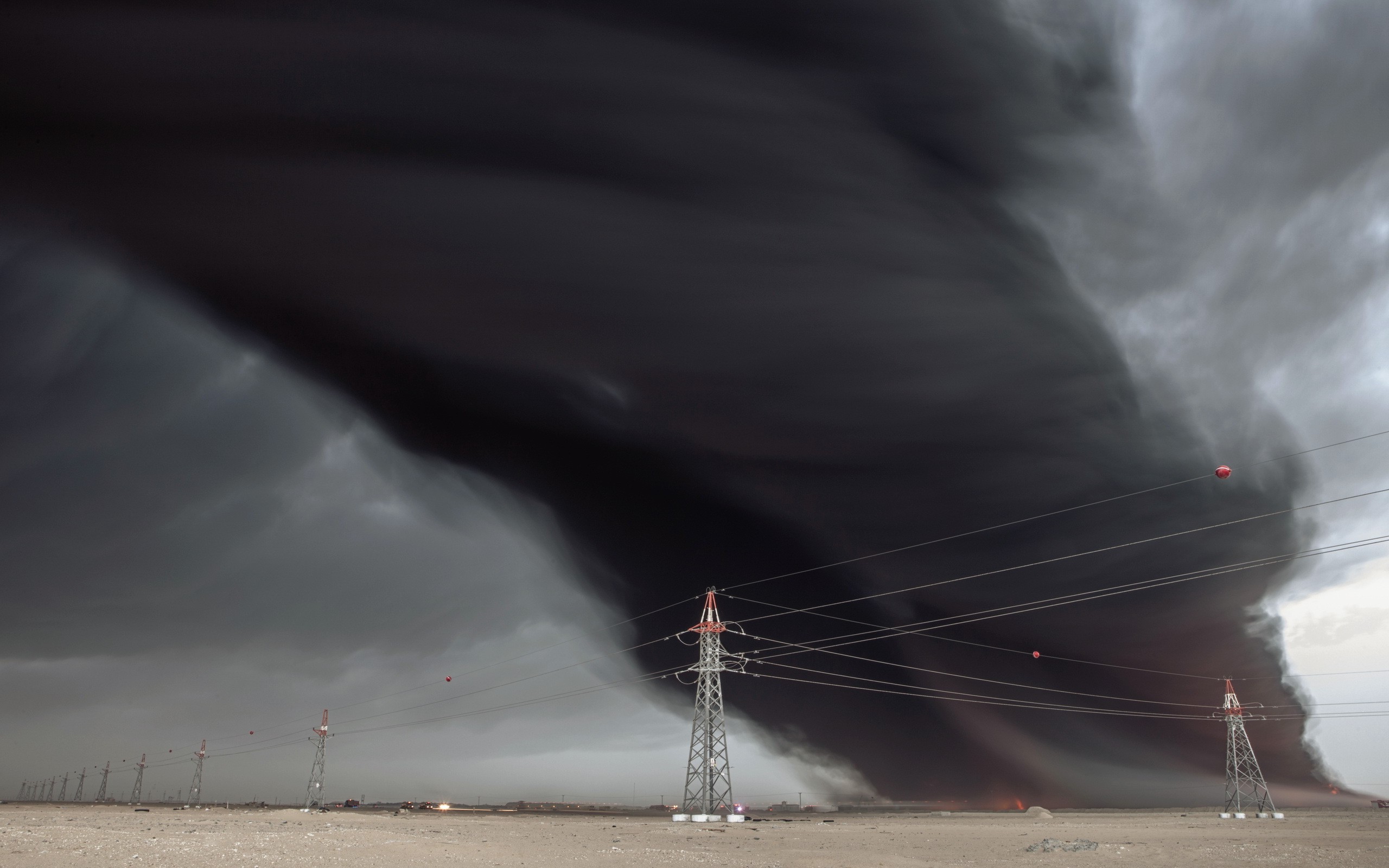 landscape, Smoke, Fire, Power Lines, Gray, Desert Wallpaper