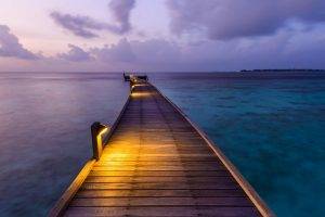 nature, Landscape, Clouds, Dock, Sea, Lights, Island, Sunset, Maldives, Walkway, Calm, Tropical, Pier
