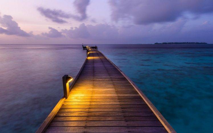 nature, Landscape, Clouds, Dock, Sea, Lights, Island, Sunset, Maldives, Walkway, Calm, Tropical, Pier HD Wallpaper Desktop Background