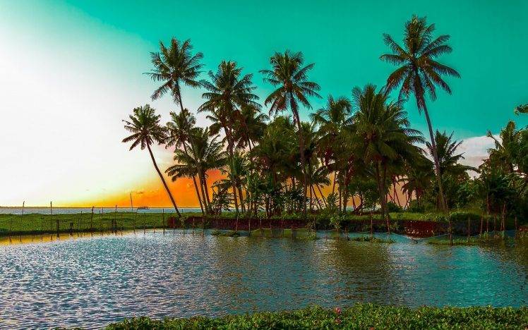 landscape, Nature, Palm Trees, Beach, Sea, Water, Sunset, Tropical HD Wallpaper Desktop Background