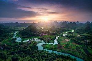 landscape, Nature, Valley, Sunset, Hill, Field, Forest, River, Town, China, Clouds, Green, Offing