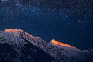 nature, Landscape, Mountain, Stars, Evening, Sunset, Trees, Forest, Snow, Clear Sky