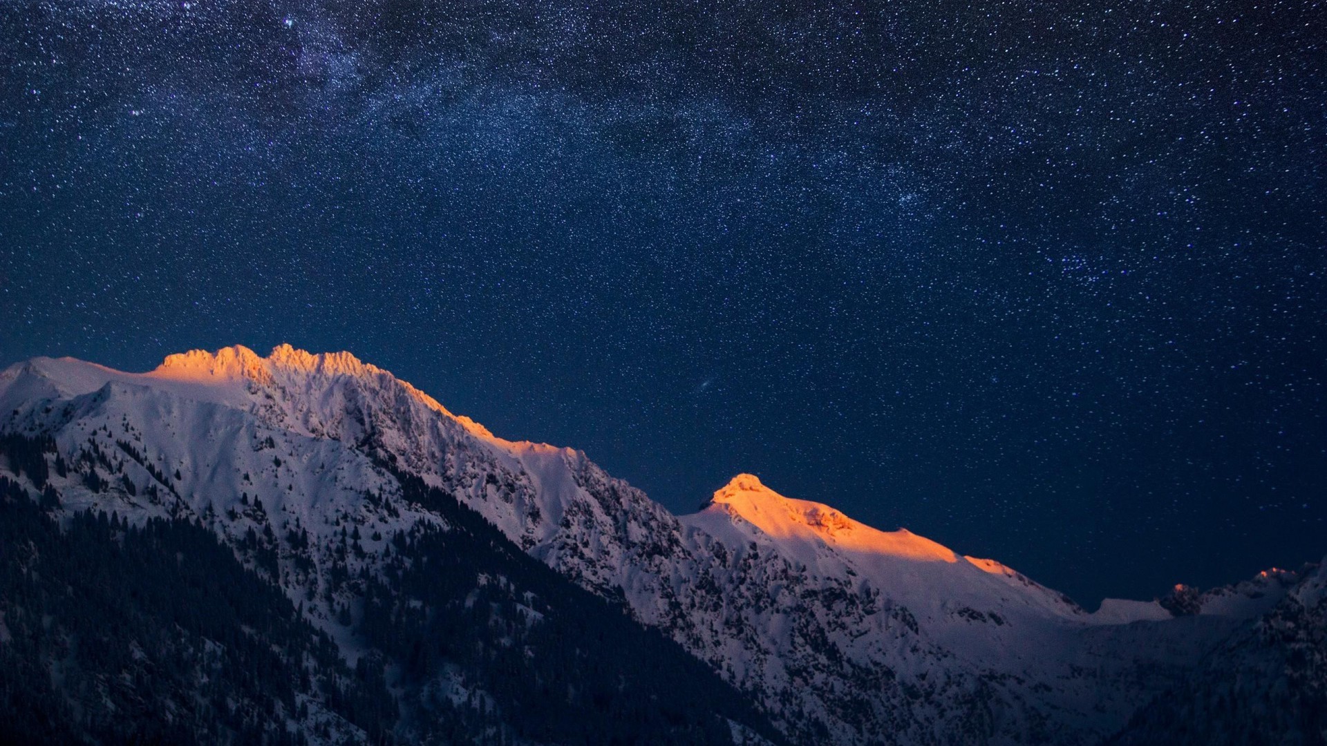 nature, Landscape, Mountain, Stars, Evening, Sunset, Trees, Forest, Snow, Clear Sky Wallpaper