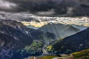 nature, Landscape, Mountain, Clouds, Sunlight, Austria, Alps, Trees, Forest, Sun Rays, Hill, Road, Villages, Valley, House