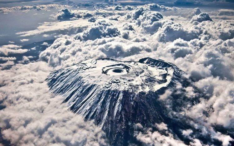 nature, Landscape, Mountain, Clouds, Snowy Peak, Mount Kilimanjaro, Africa, Snow, Aerial View, Bird’s Eye View HD Wallpaper Desktop Background