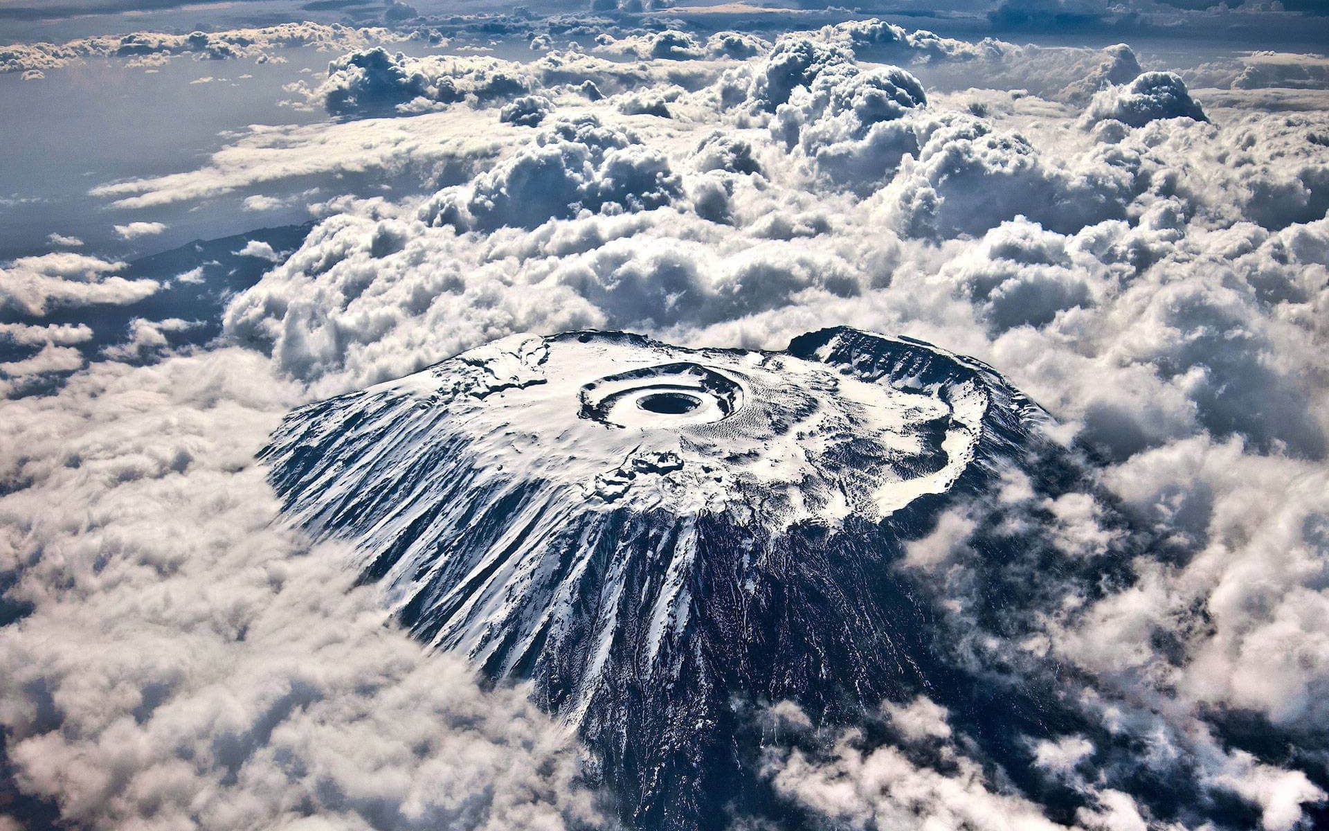 nature, Landscape, Mountain, Clouds, Snowy Peak, Mount Kilimanjaro, Africa, Snow, Aerial View, Bird's Eye View Wallpaper