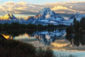 nature, Landscape, Sunrise, Grand Teton National Park, River, Forest, Mountain, Glowing, Snowy Peak, Reflection, Clouds, Shrubs, Trees
