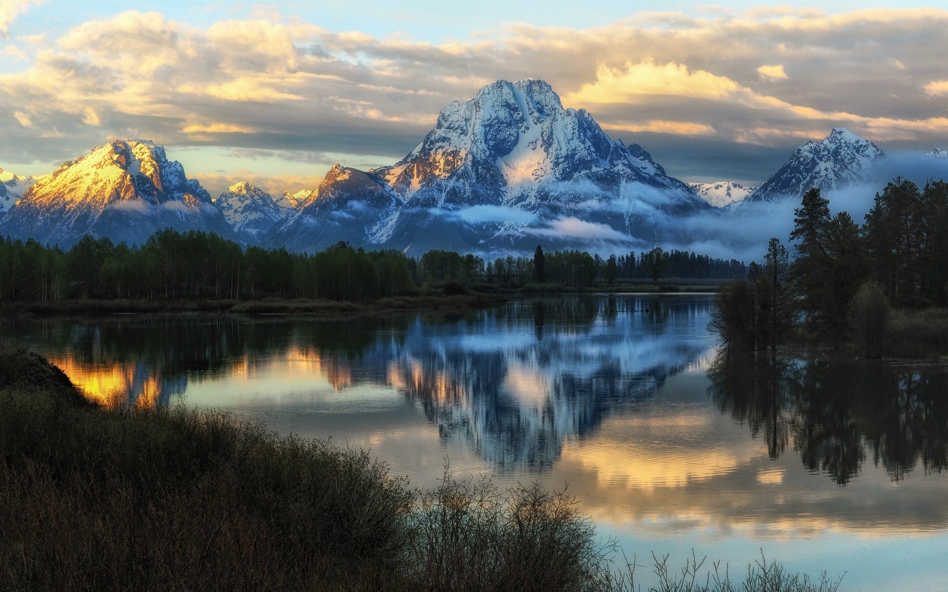 nature, Landscape, Sunrise, Grand Teton National Park, River, Forest, Mountain, Glowing, Snowy Peak, Reflection, Clouds, Shrubs, Trees Wallpaper