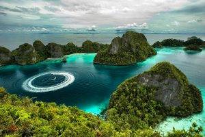 nature, Landscape, Island, Tropical, Forest, Sea, Rock, Limestone, Boat, Clouds, Beach, Vacations, Summer, Indonesia