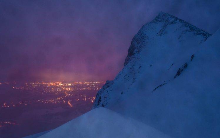 landscape, Nature, Mountain, Mist, Cityscape, Winter, Lights, Snow, Cold, Valley HD Wallpaper Desktop Background