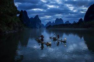 landscape, Nature, River, Sunrise, Hill, Clouds, Trees, Fisherman, Boat, Lantern, Water, China