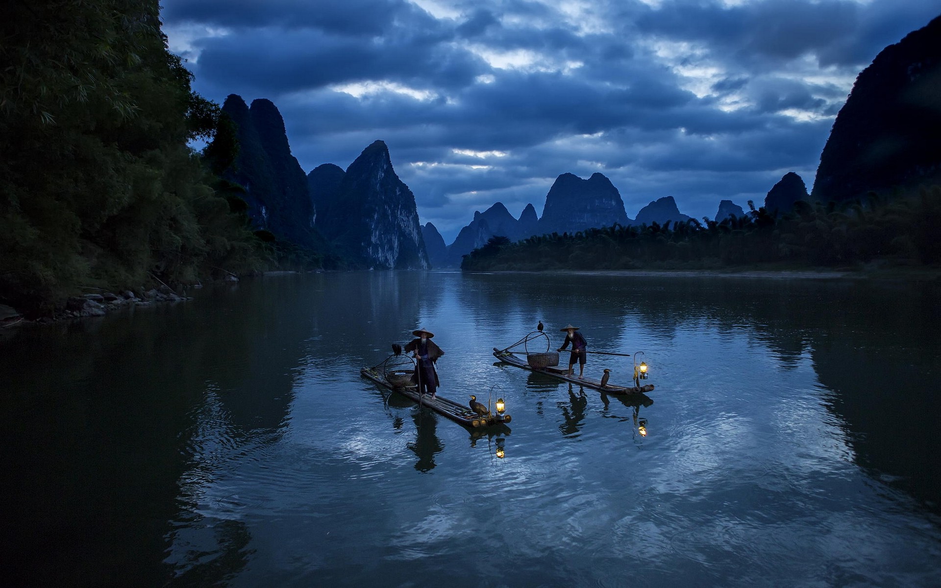 landscape, Nature, River, Sunrise, Hill, Clouds, Trees, Fisherman, Boat, Lantern, Water, China Wallpaper