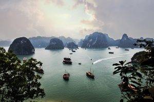 landscape, Nature, Halong Bay, Island, Boat, Trees, Rock, Limestone, Sea, Clouds, Vietnam