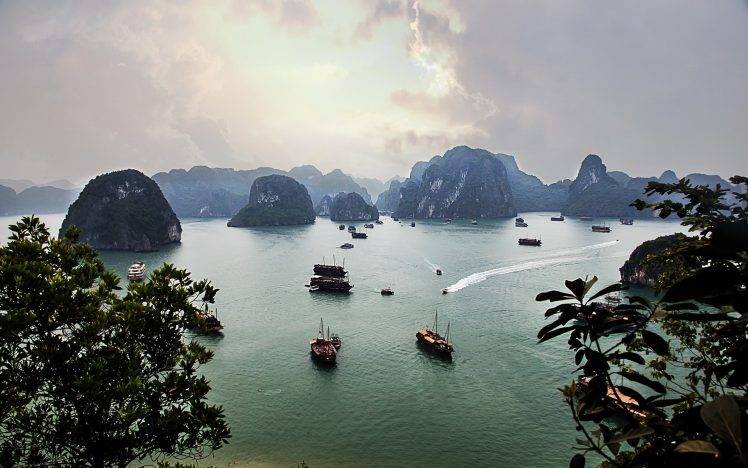 landscape, Nature, Halong Bay, Island, Boat, Trees, Rock, Limestone, Sea, Clouds, Vietnam HD Wallpaper Desktop Background