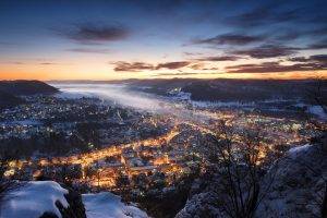 nature, Landscape, Mist, Cityscape, Sunset, Winter, Hill, Germany, Snow, Clouds, Europe, Lights, City