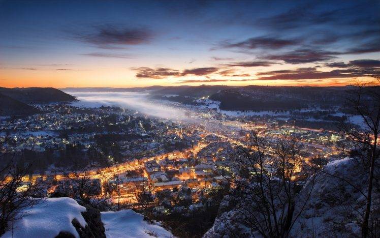 nature, Landscape, Mist, Cityscape, Sunset, Winter, Hill, Germany, Snow, Clouds, Europe, Lights, City HD Wallpaper Desktop Background