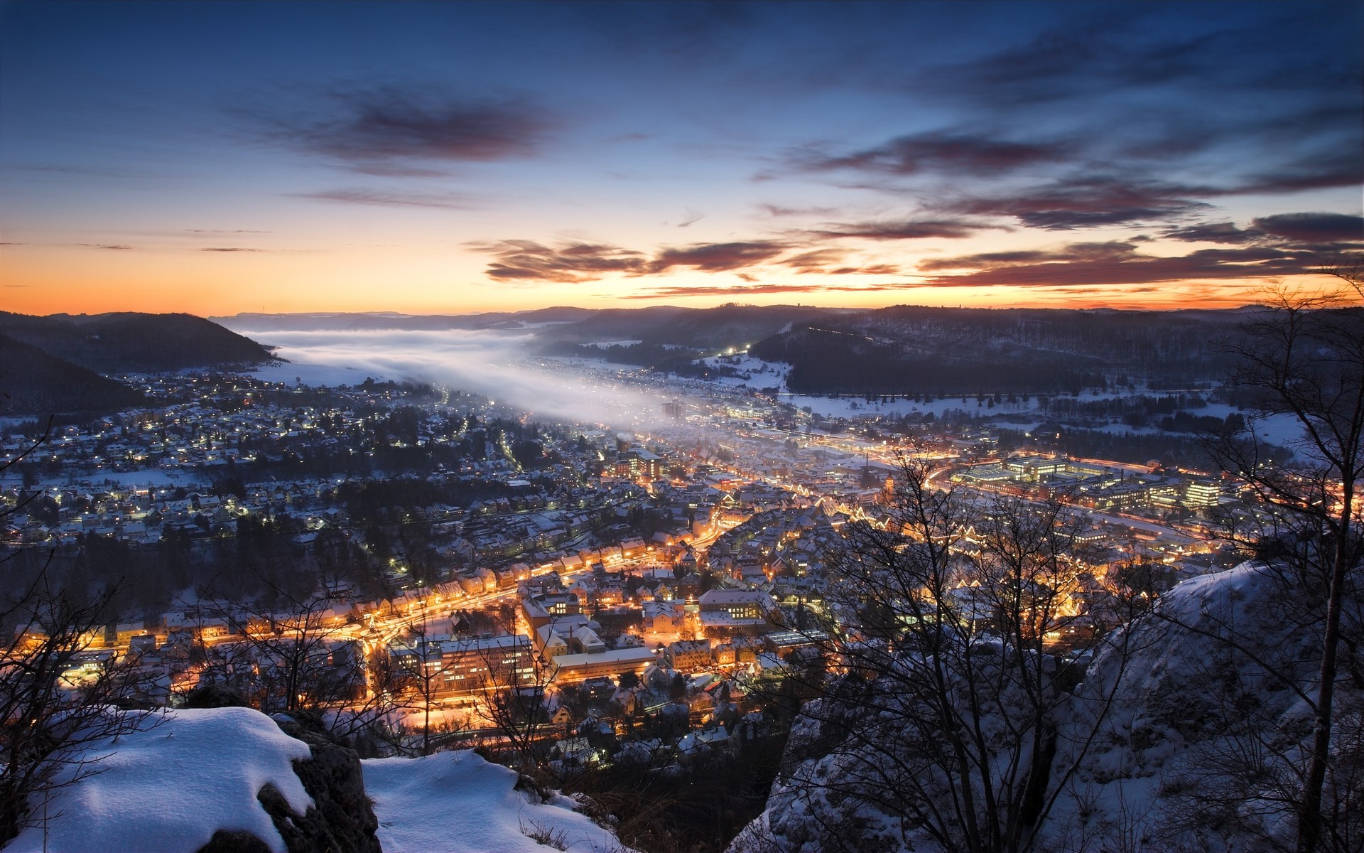 nature, Landscape, Mist, Cityscape, Sunset, Winter, Hill, Germany, Snow, Clouds, Europe, Lights, City Wallpaper
