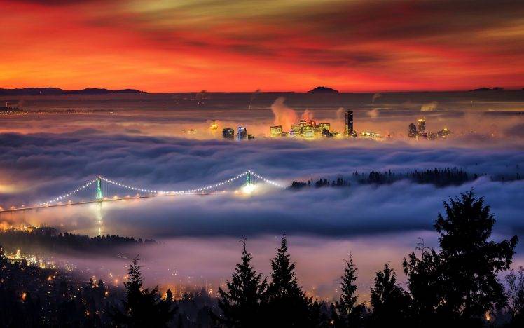 nature, Landscape, Mist, Cityscape, Vancouver, Trees, Bridge, Building, Sunset, Lights HD Wallpaper Desktop Background