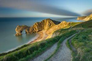 nature, Landscape, Beach, England, Coast, Durdle Door, Sunset, Sea, Grass, Rock, Cliff, Sand, Europe, UK, Path, Calm, Long Exposure, Rock Formation