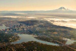 nature, Landscape, Cityscape, City, Seattle, USA, Mountain, Lake, Skyscraper, Building, Clouds, Tilt Shift, Bridge, Road, Mist, Aerial View, Bird’s Eye View
