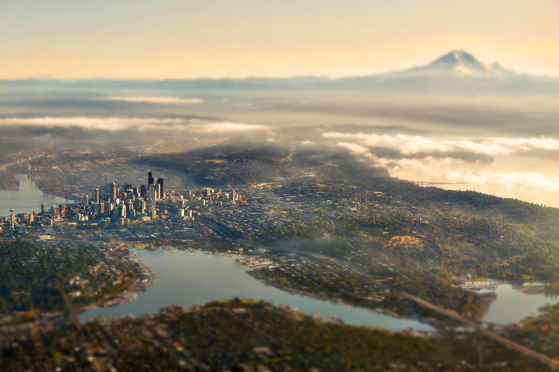 nature, Landscape, Cityscape, City, Seattle, USA, Mountain, Lake, Skyscraper, Building, Clouds, Tilt Shift, Bridge, Road, Mist, Aerial View, Bird's Eye View Wallpaper