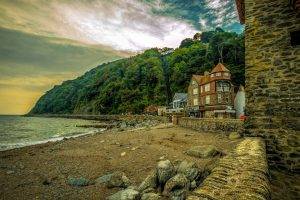 nature, Landscape, England, UK, Coast, Sea, Trees, Forest, Rock, Stones, Sand, Beach, House, HDR, Hill, Europe, Overcast, Architecture, Old Building, Building