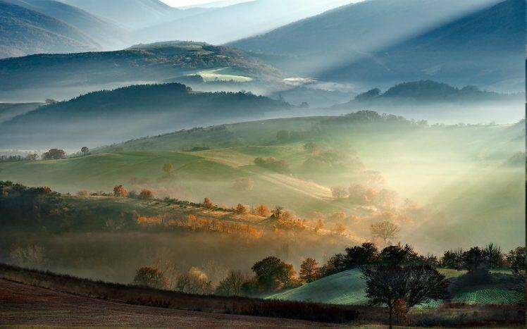 nature, Landscape, Mist, Mountain, Sunrise, Fall, Field, Trees, Sun Rays HD Wallpaper Desktop Background