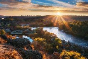 nature, Landscape, Sun Rays, Fall, River, Sunrise, Hill, Trees, Shrubs, Clouds, Ukraine, Water