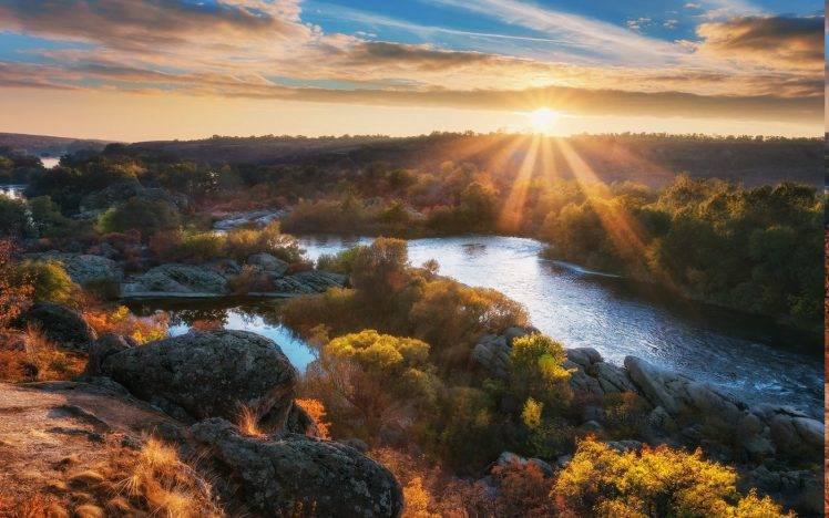 nature, Landscape, Sun Rays, Fall, River, Sunrise, Hill, Trees, Shrubs, Clouds, Ukraine, Water HD Wallpaper Desktop Background