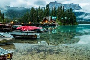 nature, Landscape, Lake, Hotels, Banff National Park, Boat, Canoes, Trees, Mountain, Mist, Forest, Water
