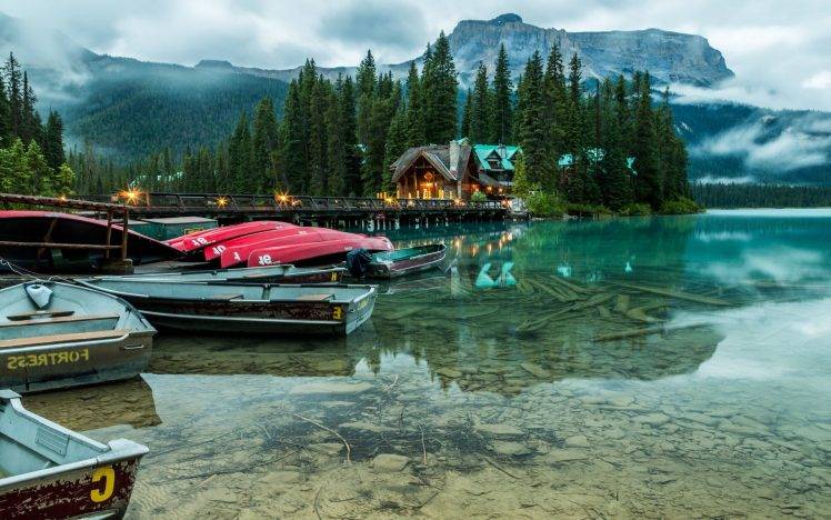 nature, Landscape, Lake, Hotels, Banff National Park, Boat, Canoes, Trees, Mountain, Mist, Forest, Water HD Wallpaper Desktop Background