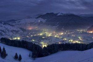 nature, Landscape, Cityscape, Winter, Mountain, Forest, Snow, Romania, Clouds, Evening