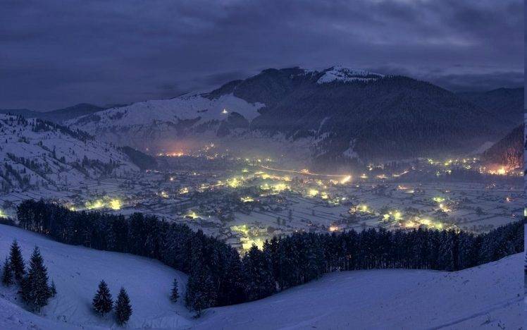 nature, Landscape, Cityscape, Winter, Mountain, Forest, Snow, Romania, Clouds, Evening HD Wallpaper Desktop Background