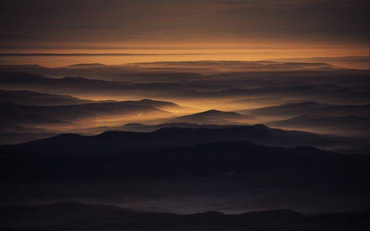 nature, Landscape, Gold, Mountain, Valley, Mist, Sunrise, Romania, Lights, Offing HD Wallpaper Desktop Background