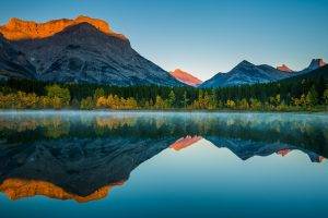 nature, Landscape, Reflection, Lake, Fall, Forest, Mist, Sunrise, Mountain, Trees, Canada, Clear Sky, Sunlight