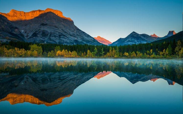 nature, Landscape, Reflection, Lake, Fall, Forest, Mist, Sunrise, Mountain, Trees, Canada, Clear Sky, Sunlight HD Wallpaper Desktop Background