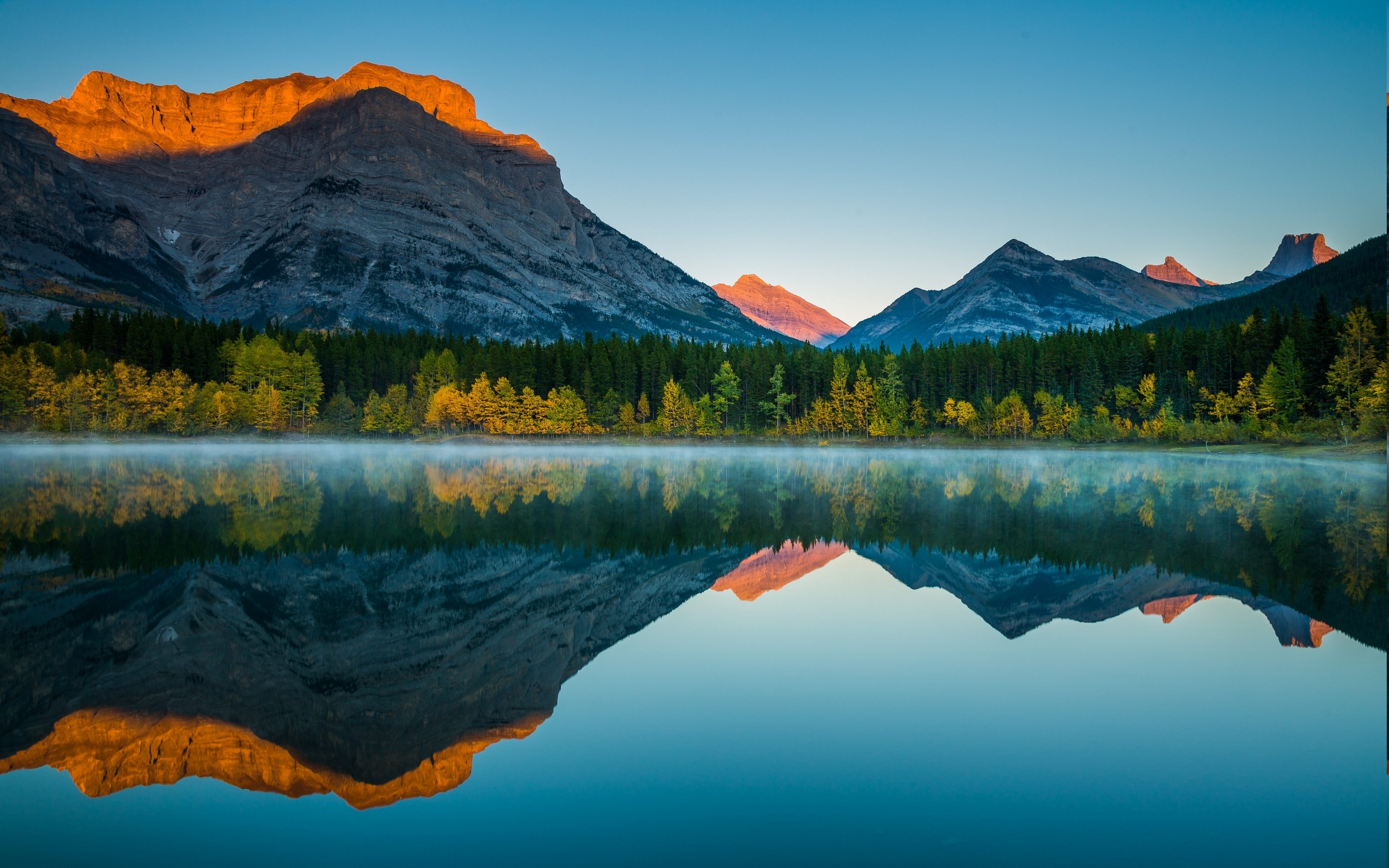 235412 nature landscape reflection lake fall forest mist sunrise mountain trees Canada clear_sky sunlight
