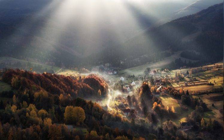 nature, Landscape, Sun Rays, Fall, Valley, Mountain, Sunrise, Forest HD Wallpaper Desktop Background