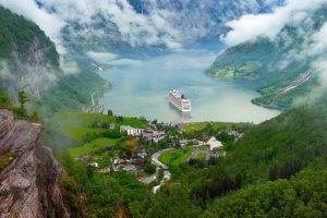 Norway, Nature, Landscape, River, Lake, Ship, Cruise Ship, Clouds, Mountain, Forest, Trees