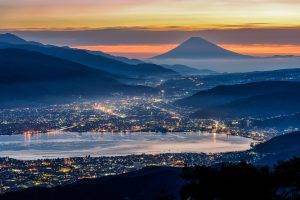 nature, Landscape, Cityscape, Mist, Japan, Mountain, Clouds, Mount Fuji, Evening, City, Ports, Lights, Valley, Sea