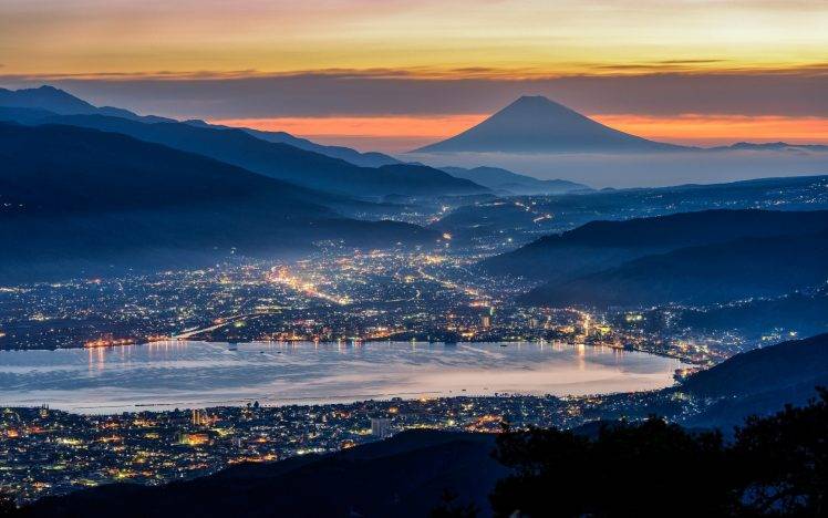 nature, Landscape, Cityscape, Mist, Japan, Mountain, Clouds, Mount Fuji, Evening, City, Ports, Lights, Valley, Sea HD Wallpaper Desktop Background