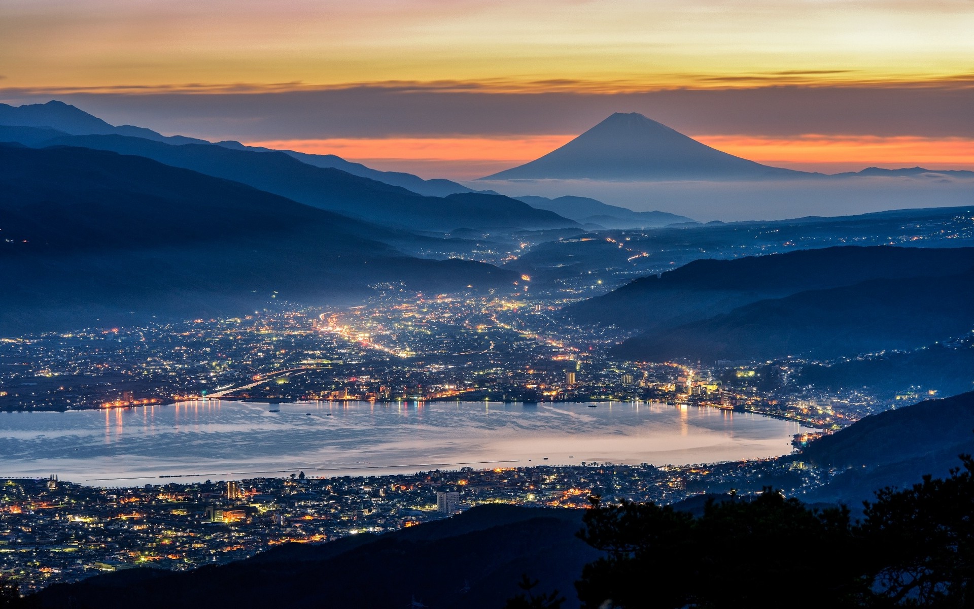 nature, Landscape, Cityscape, Mist, Japan, Mountain, Clouds, Mount Fuji, Evening, City, Ports, Lights, Valley, Sea Wallpaper