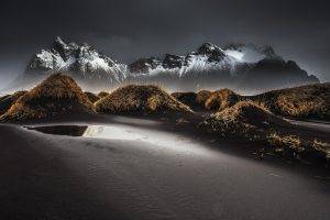 landscape, Nature, Black, Sand, Beach, Grass, Iceland, Mountain, Snowy Peak, Clouds, Mist