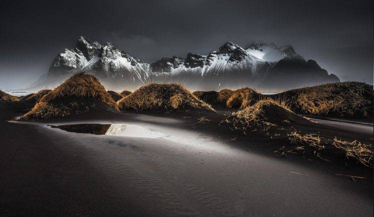 landscape, Nature, Black, Sand, Beach, Grass, Iceland, Mountain, Snowy Peak, Clouds, Mist HD Wallpaper Desktop Background