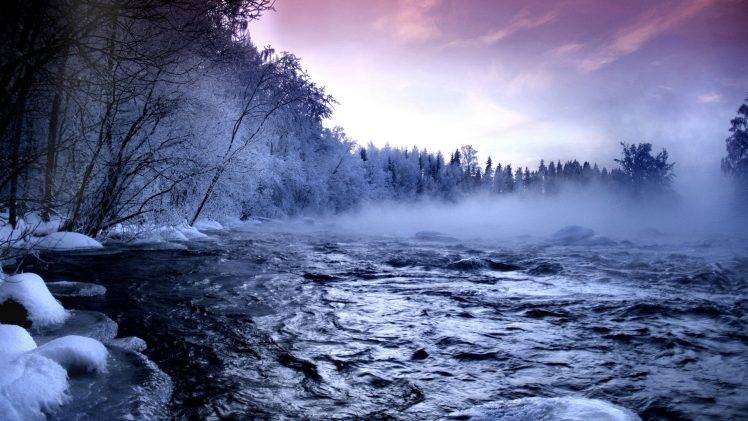 landscape, Mist, Forest, Snow, River, Nature, Winter, Water, Trees HD Wallpaper Desktop Background