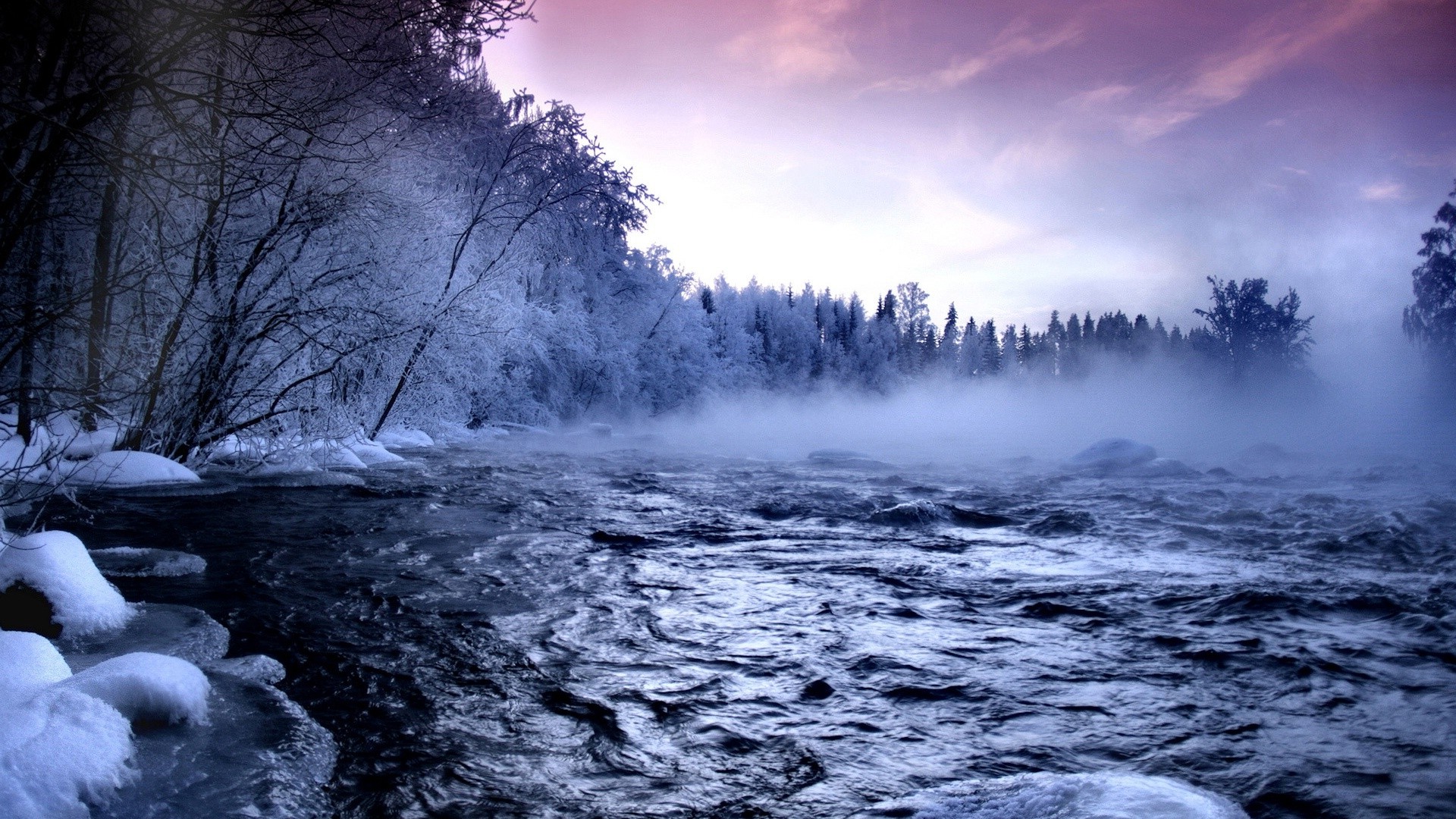 landscape, Mist, Forest, Snow, River, Nature, Winter, Water, Trees Wallpaper