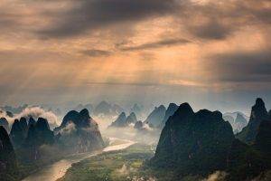 mountain, Mist, River, Nature, Guilin, China, Landscape, Sun Rays, Clouds, Sunrise, Field, Forest