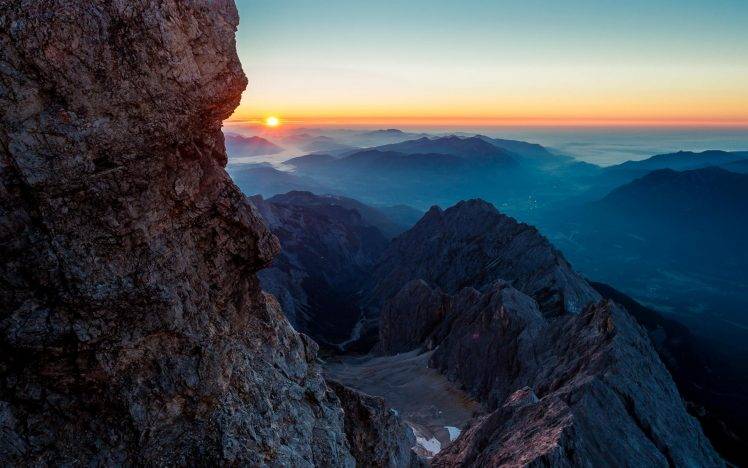 nature, Landscape, Mist, Sunset, Mountain, Valley, Horizon, Cliff, Clear Sky, Rock HD Wallpaper Desktop Background