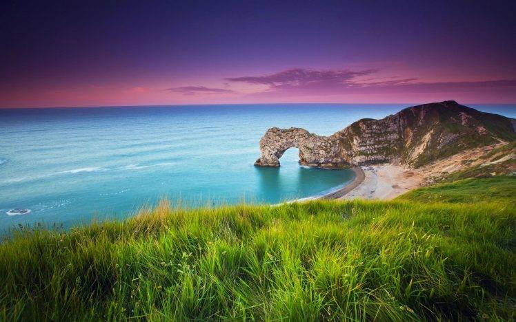nature, Landscape, Durdle Door, England, Beach, Sea, Grass, Sand, Clouds, Sunset, Hill HD Wallpaper Desktop Background